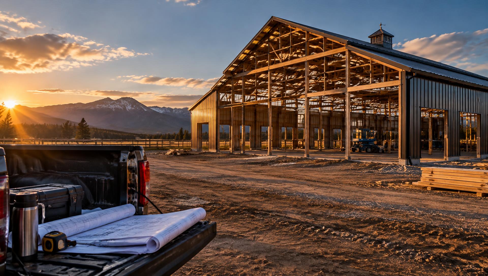 Post-frame barn under construction at sunset